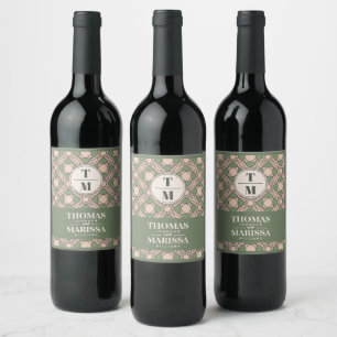 Sage Green Geometric Wedding Wine Bottle Label