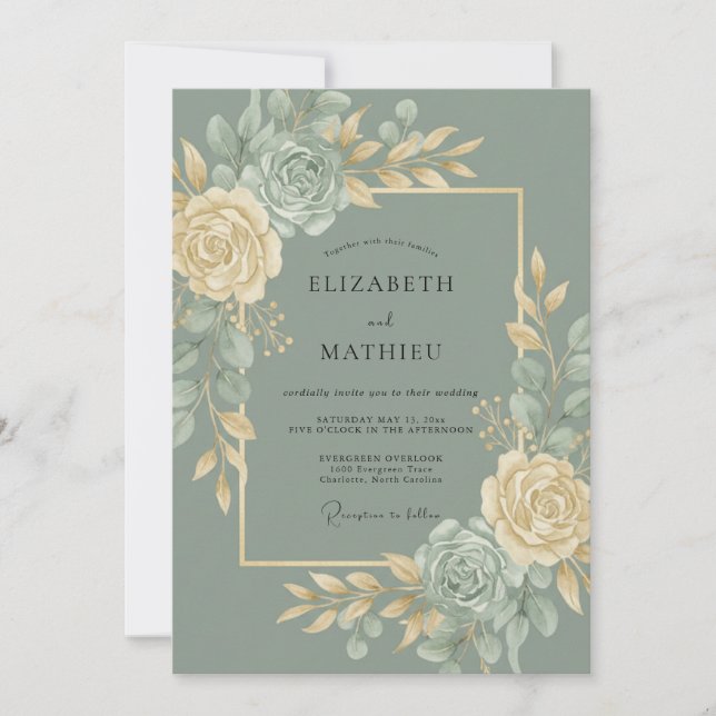 Sage Green Gilded Botanical Wedding Invitation (Front)