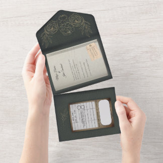 Sage Green Gilded Roses Book Wedding Invitation