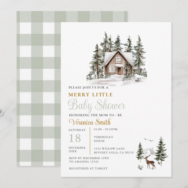 Sage Green Gingham A Merry Little Baby Shower  Invitation (Front/Back)