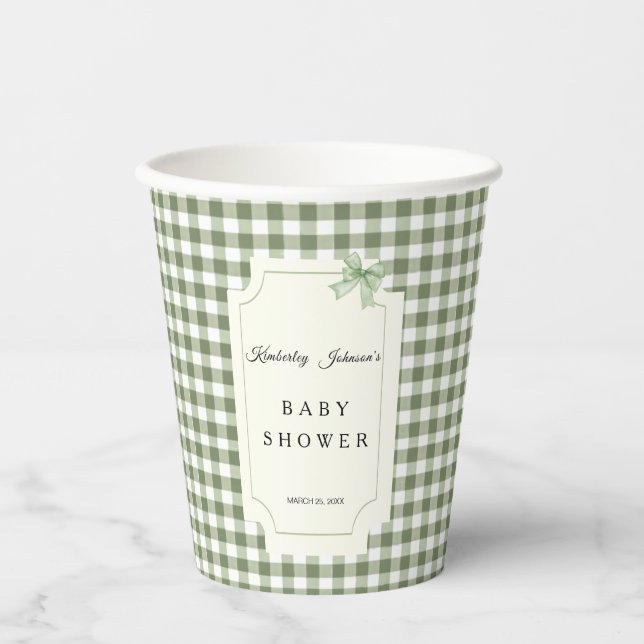 Sage Green Gingham and BowBaby Shower Paper Cups (Front)