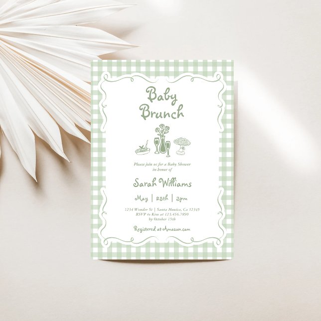 Sage Green Gingham Baby Brunch Baby Shower Invitation (Creator Uploaded)