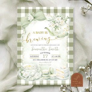 Sage Green Gingham Baby is Brewing Baby Shower Invitation