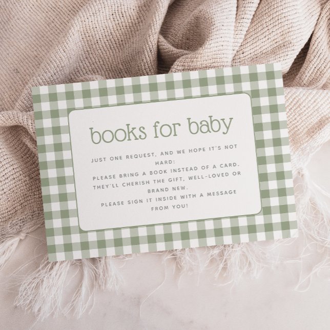 Sage Green Gingham Baby Shower Book Request Enclosure Card (Creator Uploaded)
