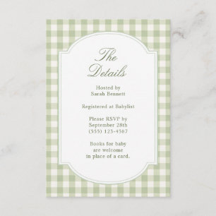 Sage Green Gingham Baby Shower Details Enclosure Card