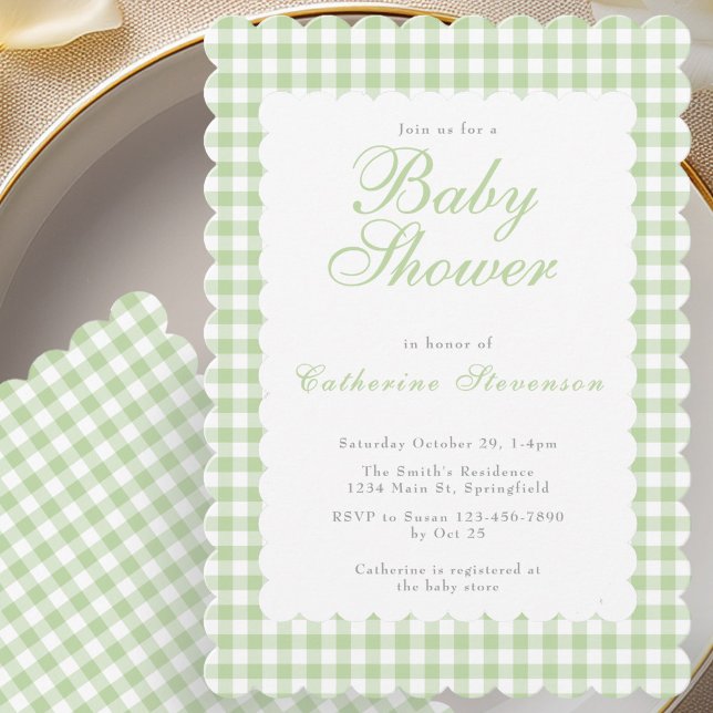 Sage Green Gingham Baby Shower Invitation (Creator Uploaded)
