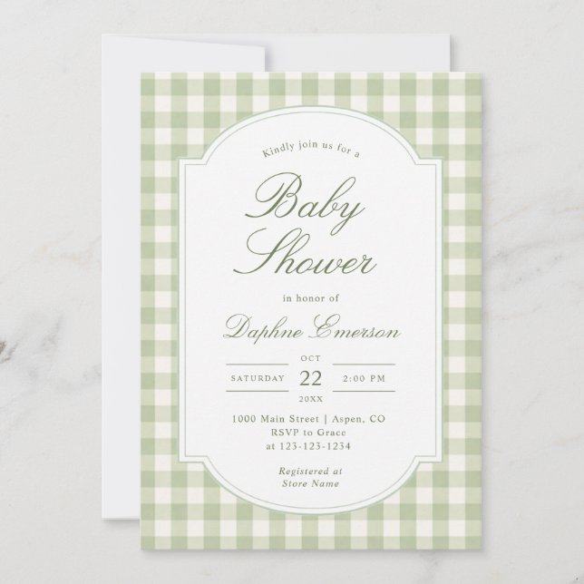 Sage Green Gingham Baby Shower Invitation (Front)