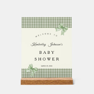 Sage Green Gingham Baby Shower Invitation & Bows Acrylic Sign