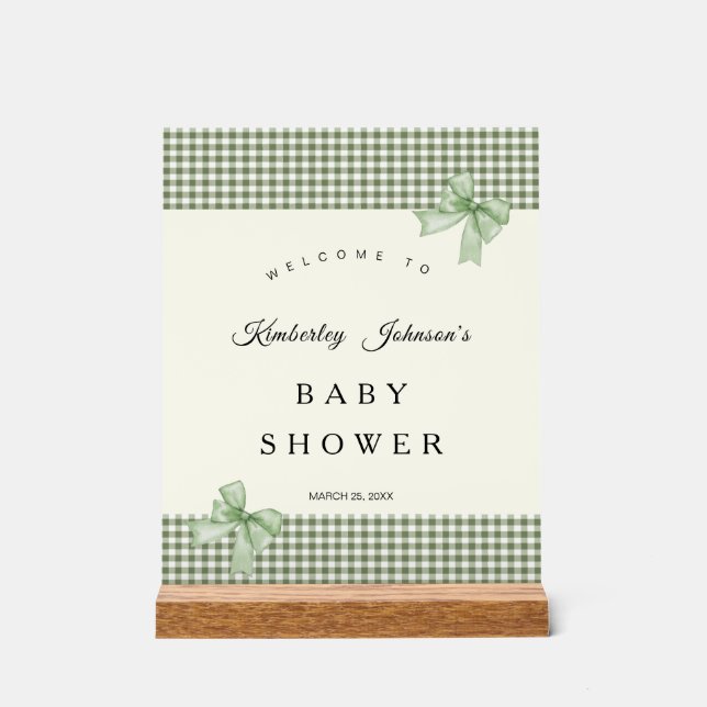 Sage Green Gingham Baby Shower Invitation & Bows Acrylic Sign (Front)