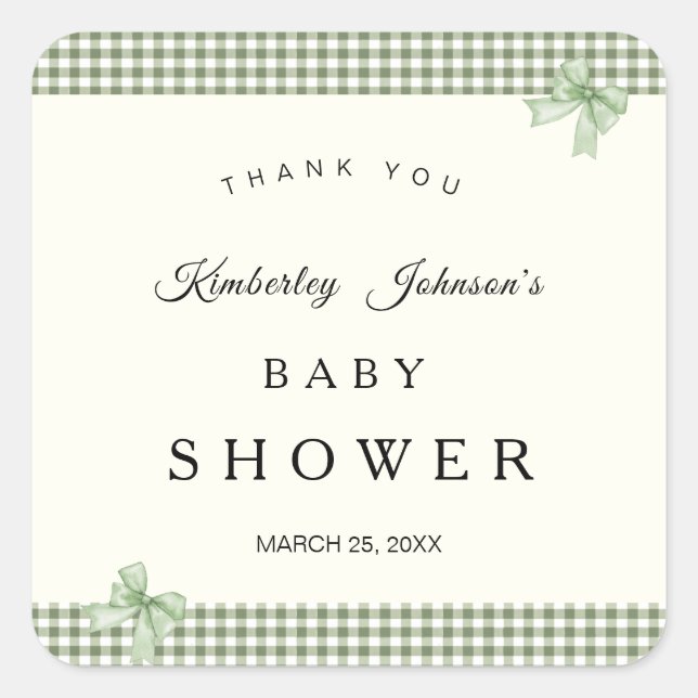 Sage Green Gingham Baby Shower Invitation & Bows Square Sticker (Front)