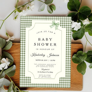 Sage Green Gingham Baby Shower Invitation with Bow