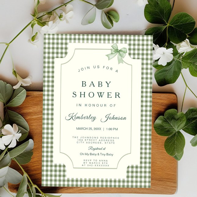 Sage Green Gingham Baby Shower Invitation with Bow (Creator Uploaded)
