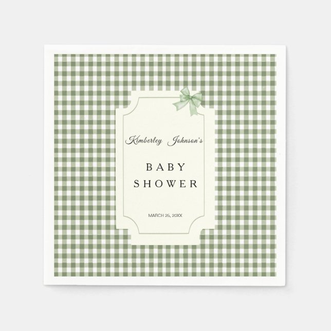 Sage Green Gingham Baby Shower Invitation with Bow Napkin (Front)