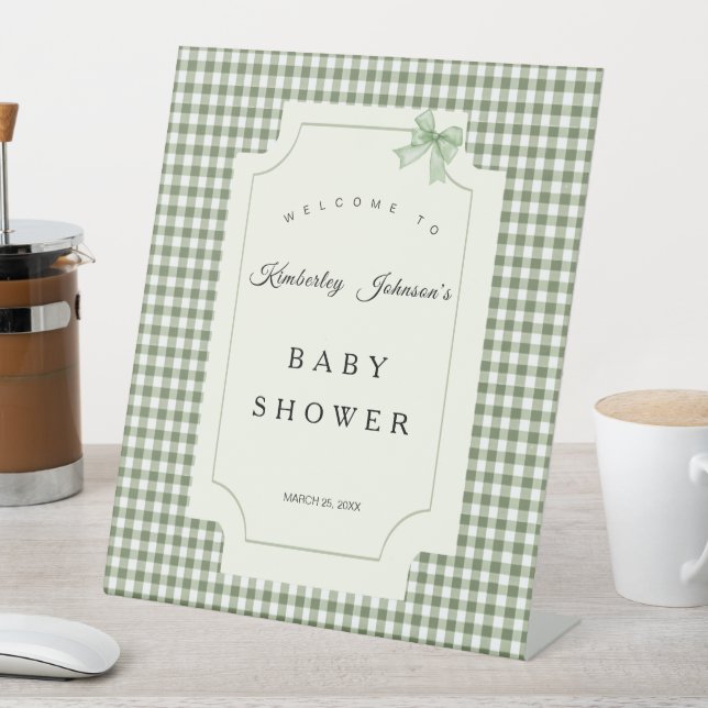 Sage Green Gingham Baby Shower Invitation with Bow Pedestal Sign (In SItu)