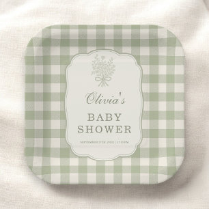 Sage Green Gingham Baby Shower Party Paper Plate