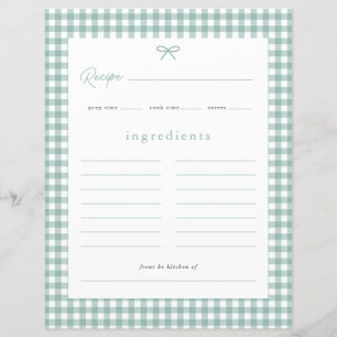 Sage Green Gingham Baby Shower Recipe Card
