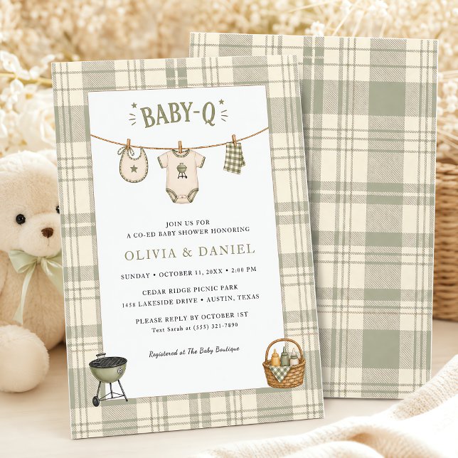 Sage Green Gingham Baby Shower Rustic BBQ Invitation (Sage Green Gingham Baby Shower Rustic BBQ Invitation)