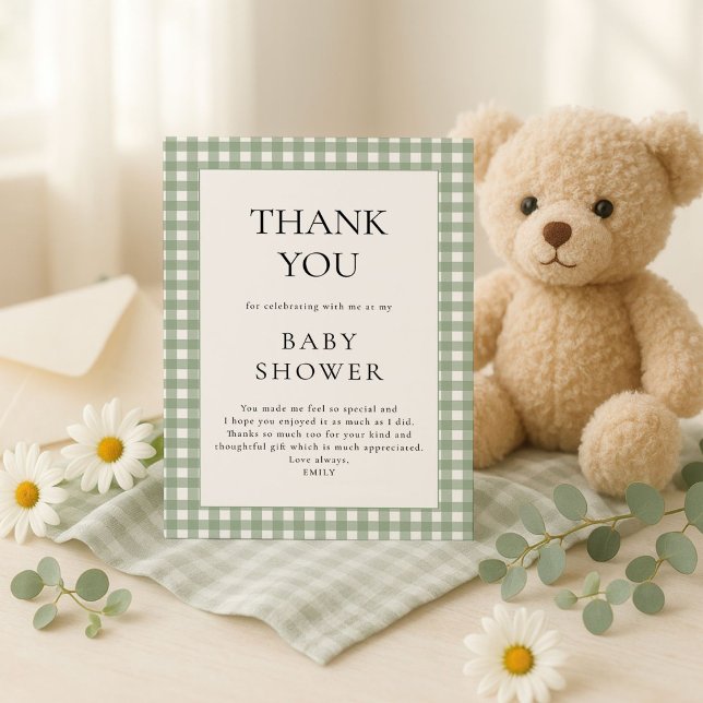Sage Green Gingham Baby Shower Thank You Card (Creator Uploaded)