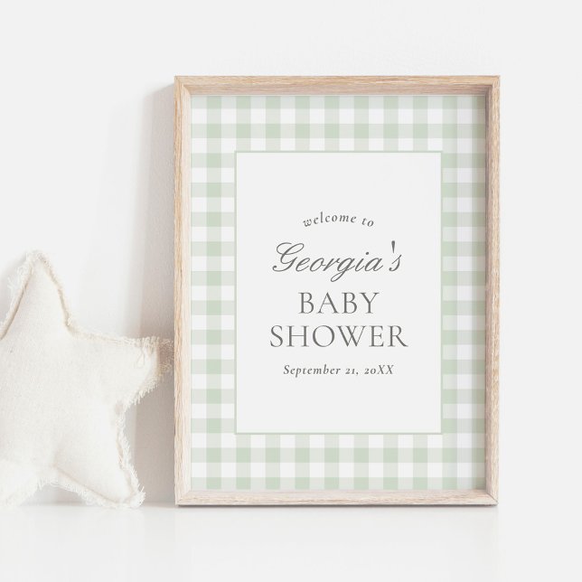 Sage Green Gingham Baby Shower Welcome Sign (Creator Uploaded)