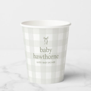 Sage Green Gingham Bow Gender Neutral Baby Shower Paper Cups