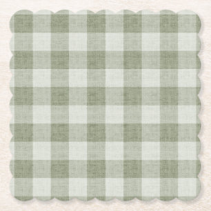 Sage Green Gingham Buffalo Check Linen Texture Paper Coaster