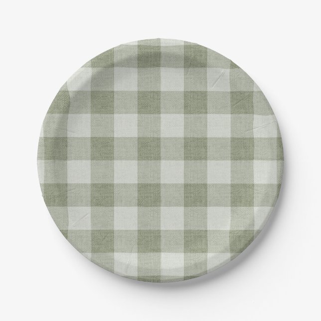 Sage Green Gingham Buffalo Check Linen Texture  Paper Plate (Front)