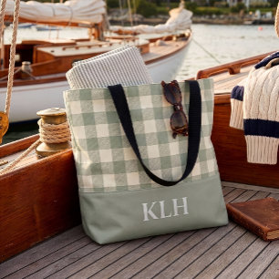 Sage Green Gingham Buffalo Check Linen Texture Tote Bag