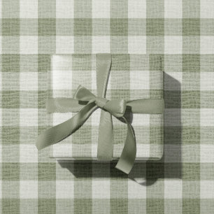Sage Green Gingham Buffalo Check Linen Texture Wrapping Paper
