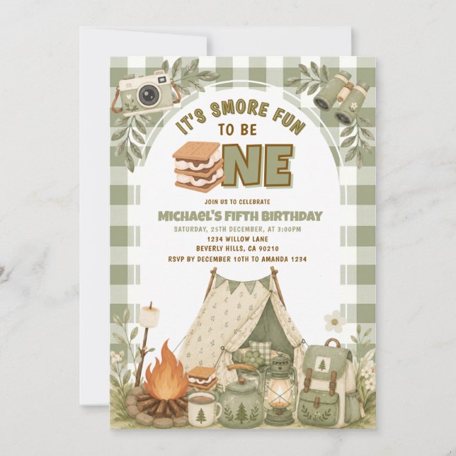 Sage Green Gingham Camp Party 1st Birthday Invitation (Front)