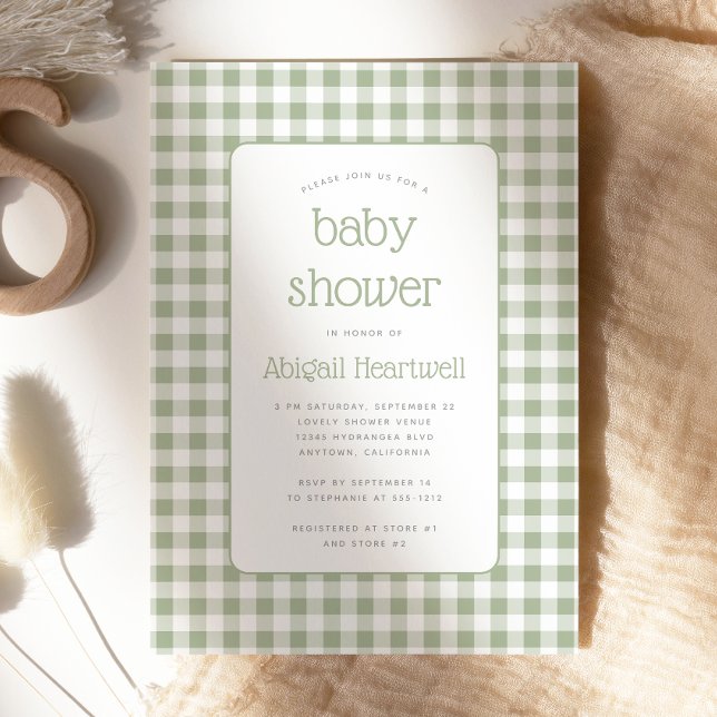 Sage Green Gingham Check Baby Shower Invitation (Creator Uploaded)