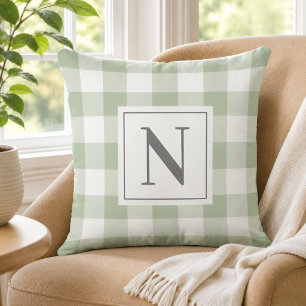 Sage Green Gingham Check Monogram Initial Cushion