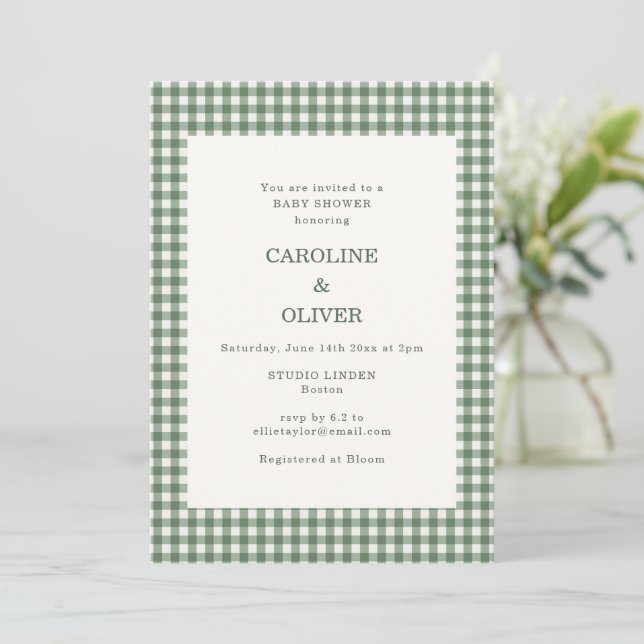 Sage Green Gingham Check Plaid Couples Baby Shower Invitation (Standing Front)