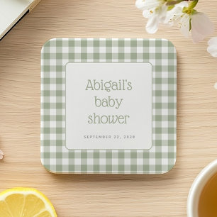 Sage Green Gingham Check Rustic Baby Shower Square Paper Coaster