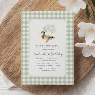 Sage Green Gingham Duck 1st Birthday Invitation