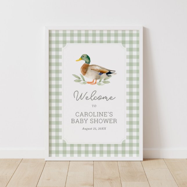 Sage Green Gingham Duck Baby Shower Welcome Sign (Creator Uploaded)
