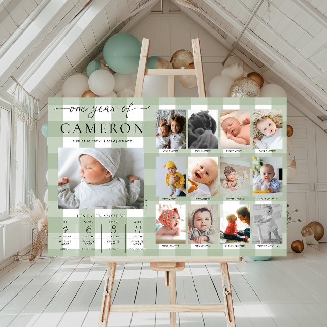 Sage Green Gingham First Birthday Photo Milestone Poster (Creator Uploaded)