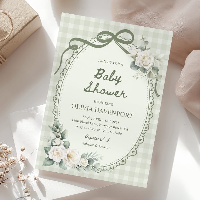 Sage Green Gingham Floral Garden Baby Shower Invitation (Creator Uploaded)