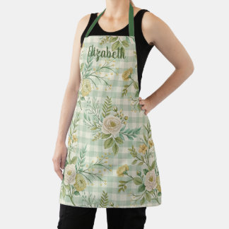 Sage Green Gingham Floral Personalised Apron