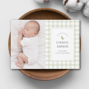 Sage Green Gingham Gender Neutral 2 Photo Birth Announcement