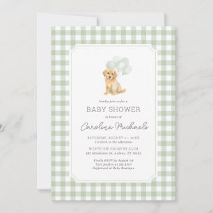 Sage Green Gingham Golden Retriever Baby Shower Invitation