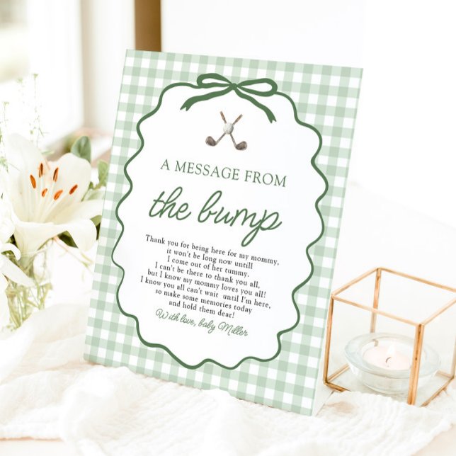 Sage Green Gingham Golf A Message from the Bump Pedestal Sign (Sage Green Gingham Golf A Message from the Bump Sign)