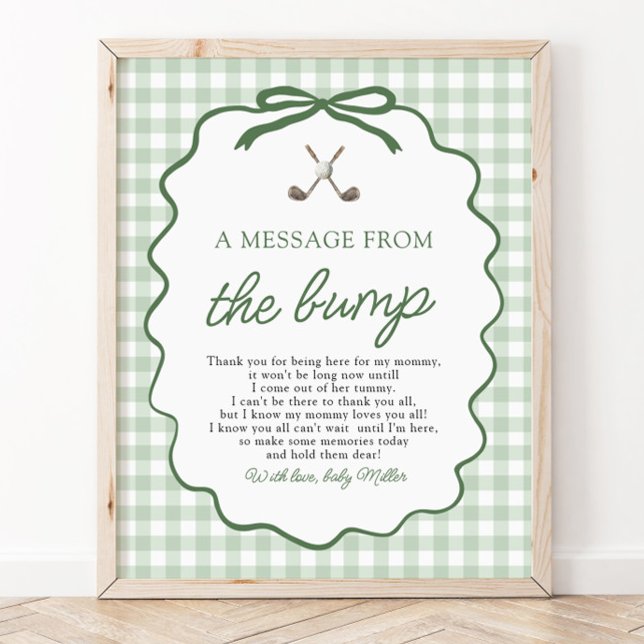 Sage Green Gingham Golf A Message from the Bump Poster (Sage Green Gingham Golf A Message from the Bump Sign)