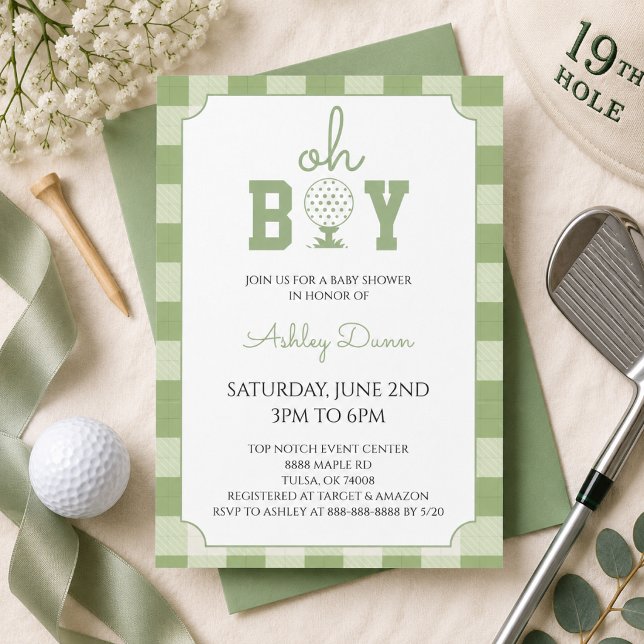 Sage Green Gingham Golf Baby Shower Invitation (Creator Uploaded)