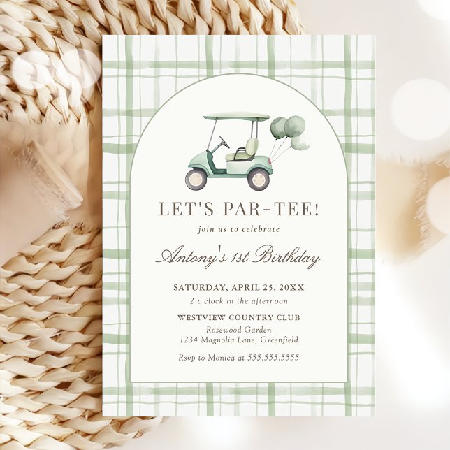 Sage Green Gingham Golf Birthday Invitation (Creator Uploaded)