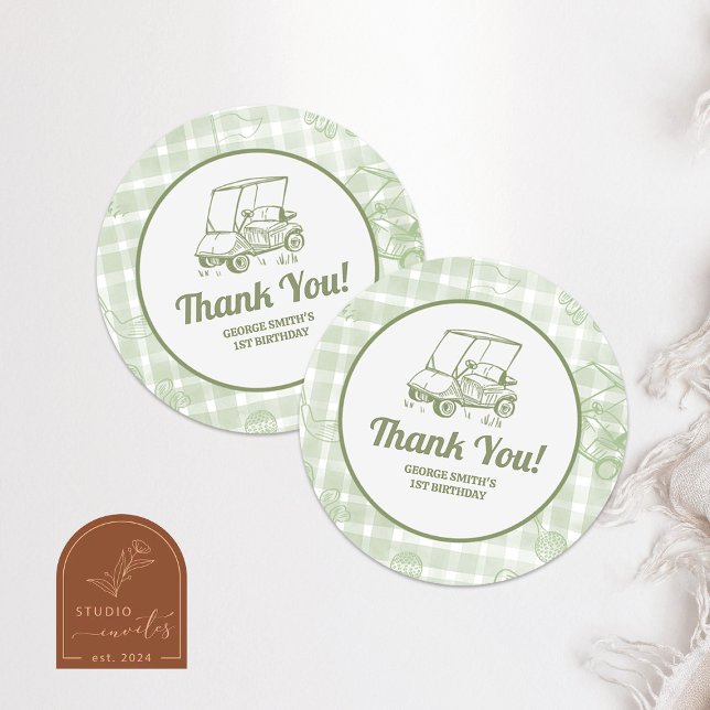 Sage Green Gingham Golf Birthday Thank You Sticker (Creator Uploaded)