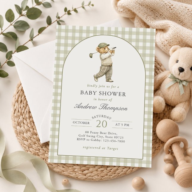 Sage Green Gingham Golf Boy Baby Shower Invitation (Creator Uploaded)