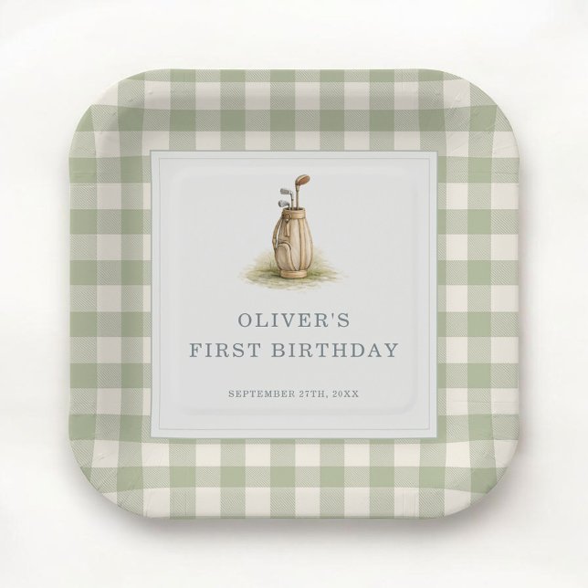 Sage Green Gingham Golf First Birthday Party Paper Plate (Creator Uploaded)