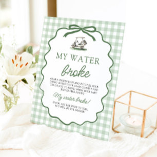 Sage Green Gingham Golf My Water Broke Baby Shower Pedestal Sign