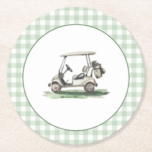 Sage Green Gingham Golf New to the Club Round Paper Coaster
