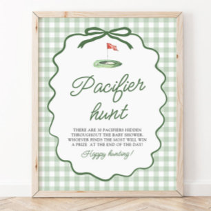 Sage Green Gingham Golf Pacifier Hunt Baby Shower Poster